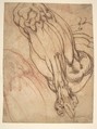 Anatomical Studies of a Leg (recto); Study of a Leg (verso), School of Michelangelo Buonarroti (Italian, Caprese 1475–1564 Rome), Pen and brown ink, and red chalk (recto); pen and brown ink (verso)
