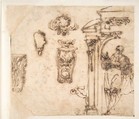 A Figure and Some Architectural Details, Michelangelo Buonarroti Italian, Pen and brown ink
