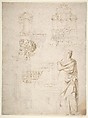 Sketches of a Funeral Monument, a Niche with Statues, a Helmet in the Shape of a Human Head, an Entablature and a Female Statue, After Michelangelo Buonarroti (Italian, Caprese 1475–1564 Rome), Pen and brown ink, brush and brown wash, over some traces of leadpoint
