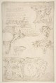 Sketches of Sculptured Decoration. Entablatures and a Frieze with Human, Animal and Floral Ornaments, Agostino (Stanzani) Mitelli Italian, Pen and brown ink, over traces of leadpoint or graphite