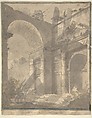 View of Ancient Roman Ruins, an Arch and a Triangular-Pedimented Doorway, Filippo Mochi (Italian, active 18th century), Pen and brown ink, brush and gray wash and some traces of leadpoint; framed outlines in black ink and  blue wash