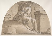 Seated Allegorical Female Figure, Morazzone (Pier Francesco Mazzucchelli) (Italian, Morazzone 1573–?1626 Piacenza), Pen and brown ink, gray wash over black chalk, highlighted with white, on light gray washed paper