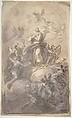 The Virgin Immaculate in Glory (recto); Sketch of a Part of a Leg and a Hand (verso), Domenico Mondo (Italian, Capodrise near Caserta 1723–1806 Naples), Point of brush and dark brown ink, brush and brown wash, highlighted with white gouache, over black chalk, on beige paper (recto); black chalk (verso)