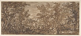 Forest Scene, a Halt at the Left, a Hunt at the Center, attributed to Pier Francesco Mola (Italian, Coldrerio 1612–1666 Rome), Pen and brown ink, brush and brown wash, highlighted with white gouache, over black chalk