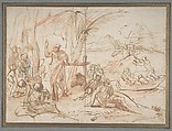 Saint John the Baptist Preaching., attributed to Pier Francesco Mola (Italian, Coldrerio 1612–1666 Rome), Pen and brown ink, brush with brown and red wash, red chalk