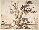 Landscape with Two Men Under a Tree., Pier Francesco Mola  Italian, Pen and brown ink, brush and brown wash