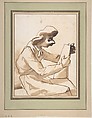 Caricature of a Seated Man Reading, Pier Francesco Mola  Italian, Pen and brown ink, brush and brown wash