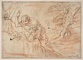 Framed Sketch for a Man, a Dog and a Tree, Pier Francesco Mola (Italian, Coldrerio 1612–1666 Rome), Pen and brown ink, black and red chalk and light brown-gray wash