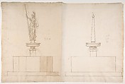 Two Plans and Elevations for Fountains, Anonymous, French, 16th century French, Black chalk, pen and brown ink, brush and brown wash