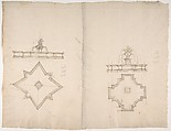 Two Plans and Elevations for Fountains, Anonymous, French, 16th century French, Black chalk, pen and brown ink, brush and brown wash