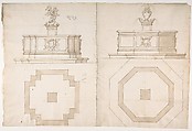 Two Plans and Elevations for Fountains, Anonymous, French, 16th century French, Black chalk, pen and brown ink, brush and brown wash