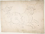 Marine bull, detail (recto) blank (verso), Drawn by Anonymous, French, 16th century, Dark brown ink, black chalk, and incised lines