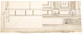 Unidentified building, elevation and section elevation (recto) Corinthian column base, elevation (verso), Drawn by Anonymous, French, 16th century, Dark brown ink, black chalk, and incised lines