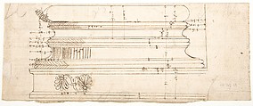 Unidentified building, elevation and section elevation (recto) Corinthian column base, elevation (verso), Drawn by Anonymous, French, 16th century, Dark brown ink, black chalk, and incised lines