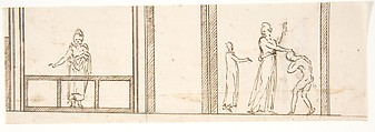 Unidentified building, ceiling or wall, painted frieze or decorative panels (recto) Unidentified building, cornice (verso), Drawn by Anonymous, French, 16th century, Dark brown ink, black chalk, and incised lines
