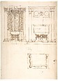 Unidentified, funerary altar, plan and elevations (recto) S. Giovanni Laterano, Oratorio della Santa Croce, paneling, elevation (verso), Drawn by Anonymous, French, 16th century, Dark brown ink, black chalk, and incised lines