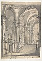 Design for a Stage Sets  Groin-vaulted Stairway Leading to a Gallery with Another Stairway to a Second Story at Left (recto); Slight Sketch Traced Through form the Recto and Reworked (verso)., Giovanni Battista Natali III (Italian, Pontremoli, Tuscany 1698–1765 Naples), Pen and gray ink, brush with brown and gray wash (recto); Graphite or black chalk (verso)