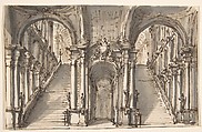 Design for a Stage Set: Double Stairway Pierced by an Arcade (recto); Slight Sketch (verso), Giovanni Battista Natali III (Italian, Pontremoli, Tuscany 1698–1765 Naples), Pen and brown ink, brush and gray wash, over traces of graphite or black chalk (recto); Pen and brown ink (verso)