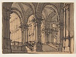 Design for Stage Set, Attributed to Giovanni Battista Natali III (Italian, Pontremoli, Tuscany 1698–1765 Naples), Pen and brown ink, brush and brown wash, on yellow-brown paper