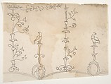Domus Aurea, unidentified, grotteschi, details (recto) blank (verso), Drawn by Anonymous, French, 16th century, Dark brown ink, black chalk, and incised lines