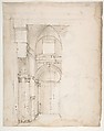 S. Giovanni Laterno, Oratorio della Santa Croce, section, perspective (recto) blank (verso), Drawn by Anonymous, French, 16th century, Dark brown ink, black chalk, and incised lines