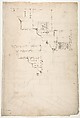 Portico Octavia, pediment and entablature, elevation; pediment, elevation (recto)  Temple of Antoninus and Faustina,  entablature, elevation (verso), Drawn by Anonymous, French, 16th century, Dark brown ink, black chalk, and incised lines