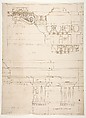 Basilica Ulpia, cornice, elevation profile with ornamental detailing; Domus Turciorum, entablature, elevation profile (recto) Domus Turciorum, elevation, perspective (verso), Drawn by Anonymous, French, 16th century, Dark brown ink, black chalk, and incised lines