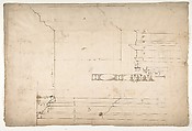 Forum of Nerva, colonnade, profiles of attic and entablature, architrave and column detail (recto) Arch of Constantine, plan (verso), Drawn by Anonymous, French, 16th century, Dark brown ink, black chalk, and incised lines