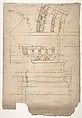 Arch of Septimius Severus, entablature, elevation; attic, base, elevation (recto) Arch of Septimius Severus, archivolt, elevation; impost, elevation; entablature, elevation; column base, elevation; column, plan (verso), Drawn by Anonymous, French, 16th century, Dark brown ink, black chalk, and incised lines