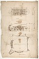 Temple of Portonus, capital, elevations and plan (recto) Unidentified, capital, elevation (verso), Drawn by Anonymous, French, 16th century, Dark brown ink, black chalk, and incised lines
