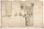 Temple of Portonus, capital, elevations and plan (recto) Unidentified, capital, elevation (verso), Drawn by Anonymous, French, 16th century, Dark brown ink, black chalk, and incised lines