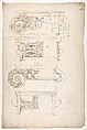 Unidentified, Ionic capitals, two front and side elevations (recto) Doric impost, elevation of entablature (verso), Drawn by Anonymous, French, 16th century, Dark brown ink, black chalk, and incised lines