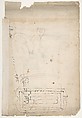 Forum of Nerva, entablature, elevation; cornice, elevation (recto) Forum of Nerva, architrave panel, ceiling plan, Corinthian, capital (verso), Drawn by Anonymous, French, 16th century, Dark brown ink, black chalk, and incised lines