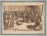 An Ecclesiastic (Pope?) Blessing a Book before the Sacred College, Cesare Nebbia Italian, Pen and brown ink, brush and brown wash, over black chalk; traces of framing lines in pen and brown ink