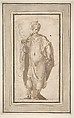 Standing Figure of a Warrior King, Cesare Nebbia (Italian, Orvieto ca. 1536–1614 Orvieto), Pen and brown ink, brush and brown wash, over black chalk