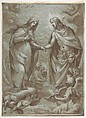 Christ Receiving the Virgin into Heaven, Giovanni Battista Paggi (Italian, Genoa 1554–1627 Genoa), Pen and brown ink, brush and brown wash, highlighted with white and light pink, over black chalk, on blue-green paper