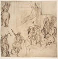 Studies of Horsemen and Study of a Figure for a Deposition (recto); Sketch for an Entablature (verso), Jacopo Palma the Younger (Italian, Venice ca. 1548–1628 Venice), Pen and brown ink