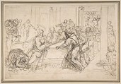 Penitent Woman Anointing the Feet of Christ at the Table of Simon the Pharisee, Jacopo Palma the Younger (Italian, Venice ca. 1548–1628 Venice), Pen and brown ink, over black chalk
