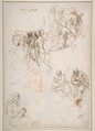 Figure Studies: The Arrest of Christ?, Christ and the Canaanite Woman, Seated Male Figures, and Head of a Child (recto); Studies of an Arm, and of the Heads of an Old Man and Young Woman (verso), Jacopo Palma the Younger (Italian, Venice ca. 1548–1628 Venice), Pen and brown ink, red chalk for child's head (recto); black chalk (verso)