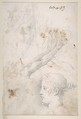 Figure Studies: The Arrest of Christ?, Christ and the Canaanite Woman, Seated Male Figures, and Head of a Child (recto); Studies of an Arm, and of the Heads of an Old Man and Young Woman (verso), Jacopo Palma the Younger (Italian, Venice ca. 1548–1628 Venice), Pen and brown ink, red chalk for child's head (recto); black chalk (verso)