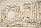 Figures in Classical Ruins, Giovanni Paolo Panini  Italian, Pen and brown ink, brush and brown and gray wash, over black chalk