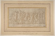 Roman or Greek Warriors Celebrating after a Victory., Parmigianino (Girolamo Francesco Maria Mazzola) (Italian, Parma 1503–1540 Casalmaggiore), Pen and brown ink, brush and brown wash, highlighted with white gouache, on beige paper