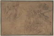 Studies of Figures, Imitator of Parmigianino (Girolamo Francesco Maria Mazzola) (Italian, Parma 1503–1540 Casalmaggiore), Pen and brown ink, over black chalk, on yellow-brown paper