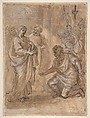 Christ and the Centurion (recto); Figure Waving to Departing Ship (verso), Giuseppe Passeri (Passari) (Italian, Rome 1654–1714 Rome), Pen and brown ink, brush and brown wash, highlighted with white gouache