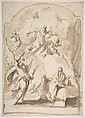 The Annunciation, attributed to Giovanni Antonio Pellegrini (Italian, Venice 1675–1741 Venice), Pen and brown ink, brush and brown wash, over graphite or lead; framing lines with scalloped top border in brush and brown wash