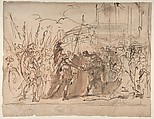 The Head of Pompey Presented to Julius Caesar (recto); Study for an Elaborate Door Frame (verso), Giovanni Antonio Pellegrini (Italian, Venice 1675–1741 Venice), Pen and brown ink, brush and brown wash, over red and black chalk; traces of white chalk at upper right edge (recto); pen and brown ink, brush and brown wash, over black chalk; and another black chalk sketch (verso)