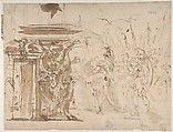 The Head of Pompey Presented to Julius Caesar (recto); Study for an Elaborate Door Frame (verso), Giovanni Antonio Pellegrini (Italian, Venice 1675–1741 Venice), Pen and brown ink, brush and brown wash, over red and black chalk; traces of white chalk at upper right edge (recto); pen and brown ink, brush and brown wash, over black chalk (verso)