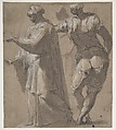 Two Standing Male Figures, Perino del Vaga (Pietro Buonaccorsi)  Italian, Pen and dark brown ink, brush and brown wash, highlighted with white gouache, over traces of black chalk, on brownish paper