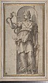 Study for Allegorical Figure of Prudence, Perino del Vaga (Pietro Buonaccorsi) (Italian, Florence 1501–1547 Rome), Pen and brown ink, brush and gray wash, over traces of black chalk