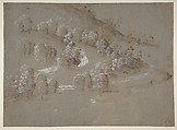 Landscape (recto); Landscape (verso), Perugino (Pietro di Cristoforo Vannucci) (Italian, Città della Pieve, active by 1469–died 1523 Fontignano), Brush and brown wash, highlighted with white gouache, on gray-green prepared paper (recto); pen and brown ink on unprepared off-white paper (verso)